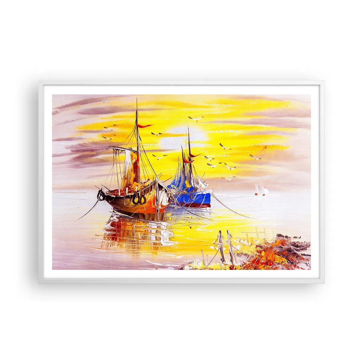 Plakat i hvid ramme - Et velfortjent hvil i havnen - 100x70 cm