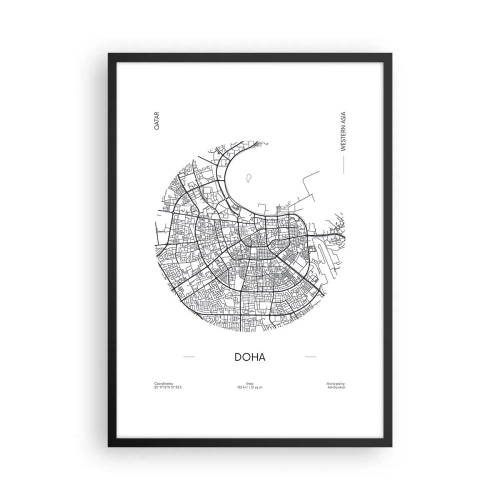 Plakat i sort ramme - Et minimalistisk sort-hvidt kort over Doha - 50x70cm - Dohas anatomi - Moderne vægdekoration til stue og soveværelse ARTTOR