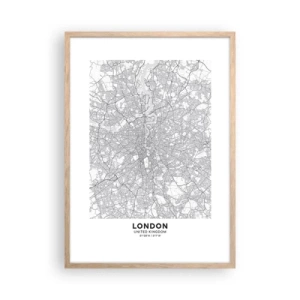 Plakat i ramme af lyst egetræ - Kort over Londons labyrint - 50x70 cm