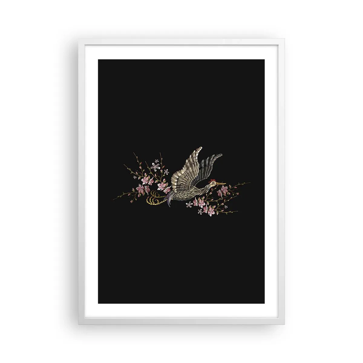 Plakat i hvid ramme - Eksotisk broderet fugl - 50x70 cm