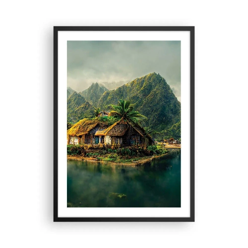 Plakat i sort ramme - Tropisk sommerhus med bjerge og en sø i baggrunden - 50x70cm - Tropisk paradis - Moderne vægdekoration til stue og soveværelse ARTTOR