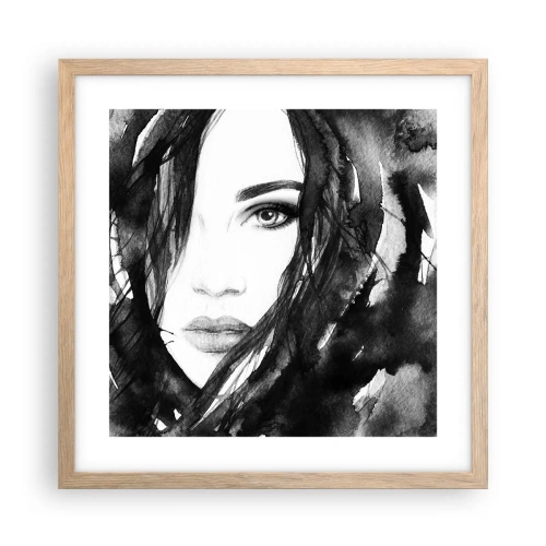 Plakat i ramme af lyst egetræ - Portræt af en dame i sort og hvidt - 40x40 cm
