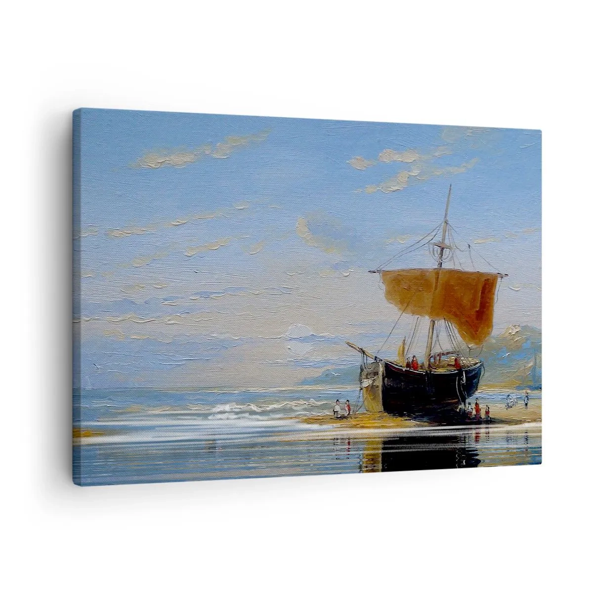 Lærredstryk - Billede på lærred - Et skib på kysten på en solskinsdag - 70x50cm - Vand, jord, luft - Moderne vægdekoration til stue og soveværelse ARTTOR