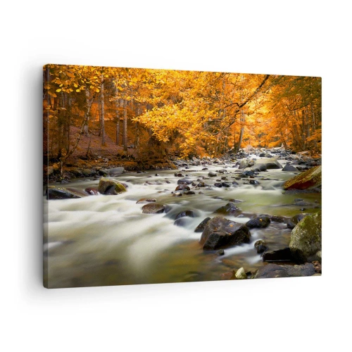 Lærredstryk - Billede på lærred - En bæk i en efterårsskov omgivet af gyldne blade - 70x50cm - Et vandløb i den gyldne skov - Moderne vægdekoration til stue og soveværelse ARTTOR
