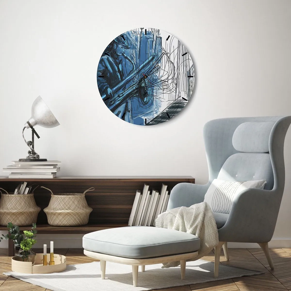 Vægur, Uret - En jazzmusiker i en kunstnerisk fortolkning - 30x30cm - Byens rapsodi - Moderne vægdekoration til stue, køkken og soveværelse ARTTOR