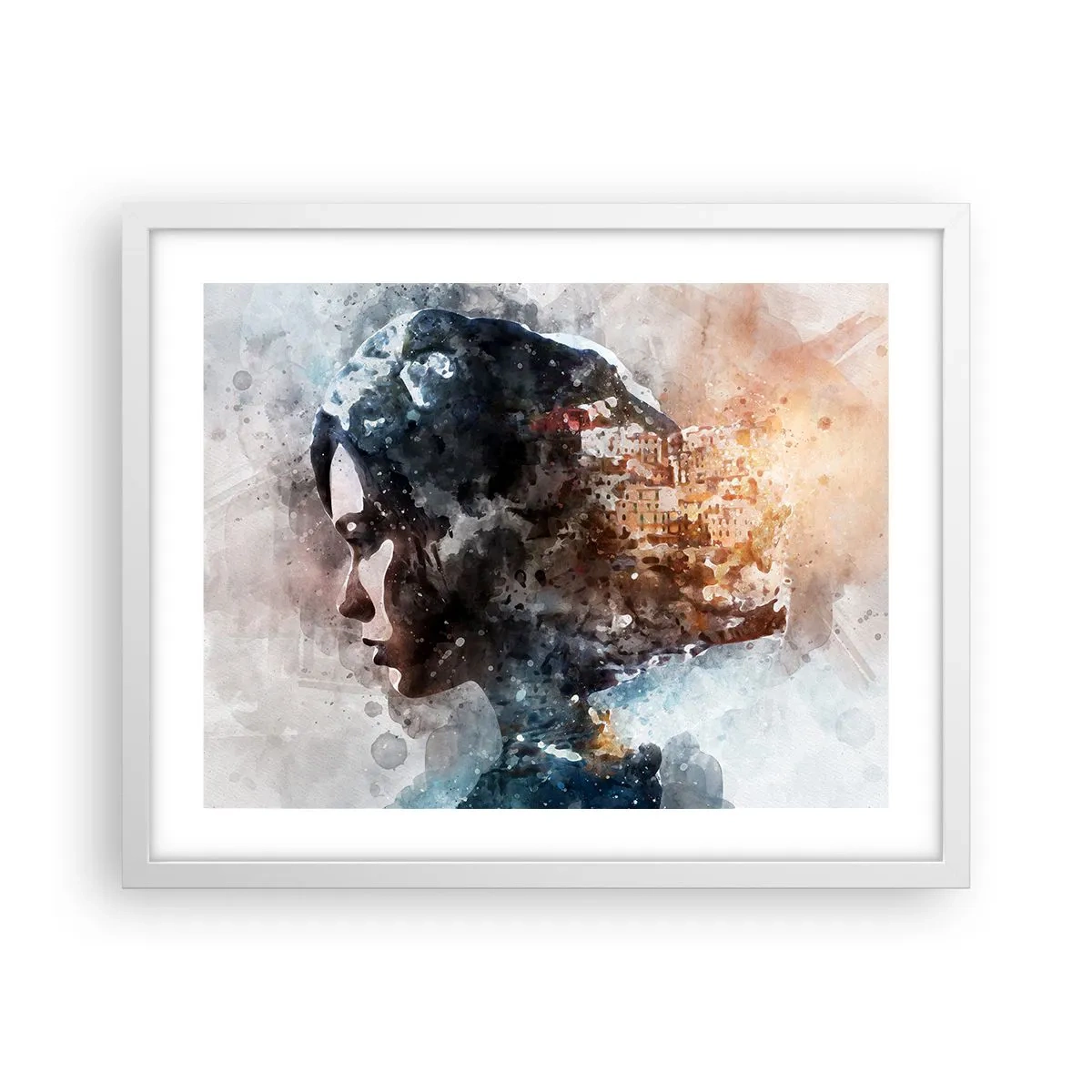 Plakat i hvid ramme - Historien om en pige med en by i baggrunden - 50x40 cm