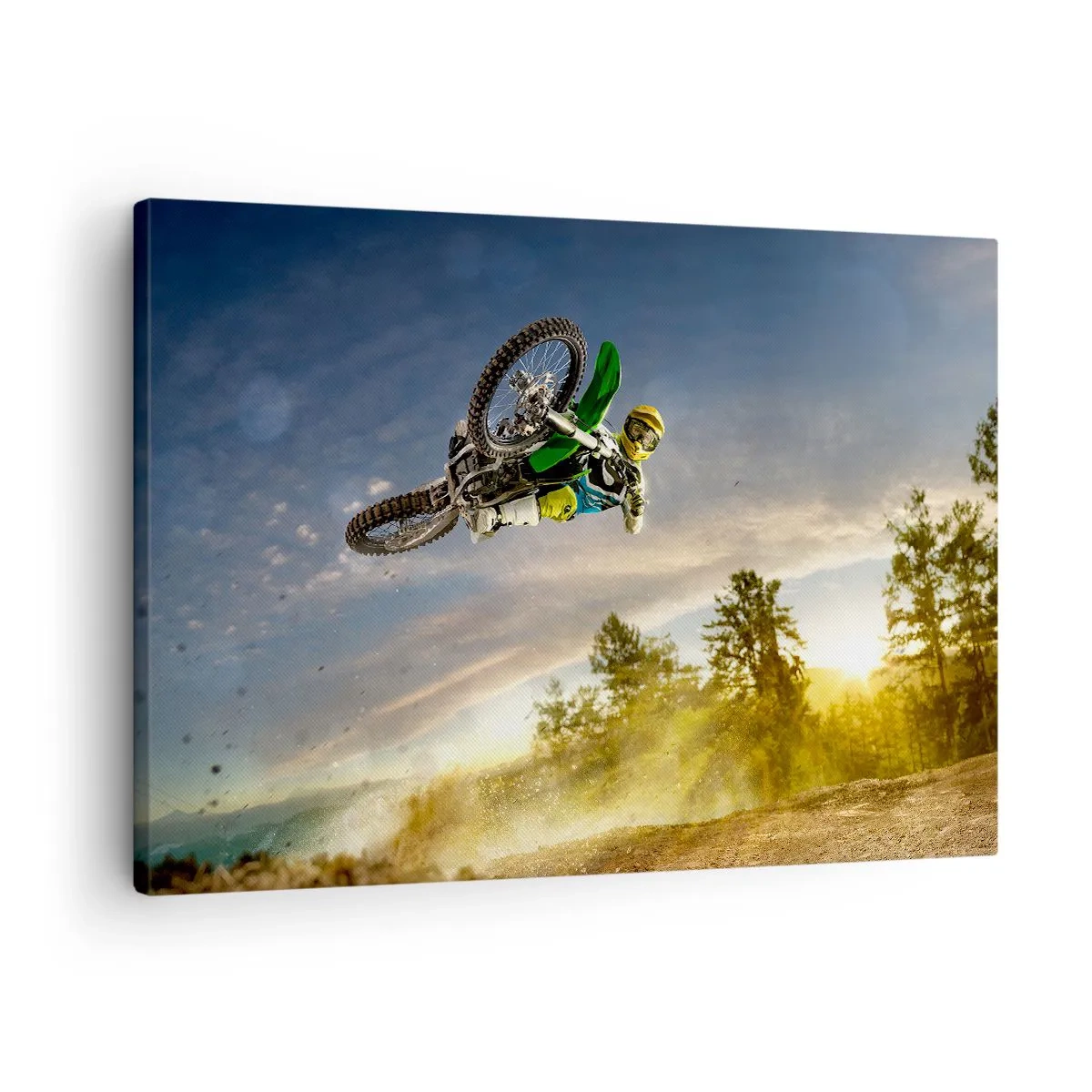 Lærredstryk - Billede på lærred - Motorcyklist i et dynamisk spring - 70x50cm - Tænd for dine følelser! - Moderne vægdekoration til stue og soveværelse ARTTOR