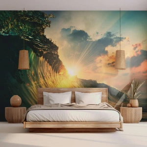 Fototapet Premium Canvas - Surfer, hvor er du? - Havbølge, Solens stråler, Natur - 100x70 cm