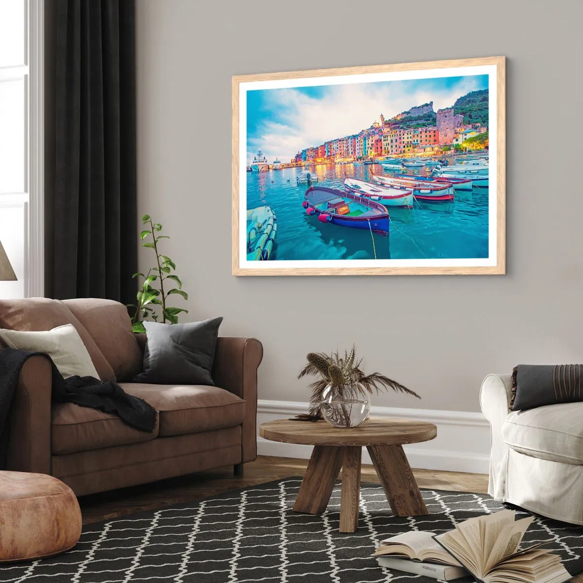 Plakat i ramme af lyst egetræ - En farverig aften i havnen - 50x40 cm