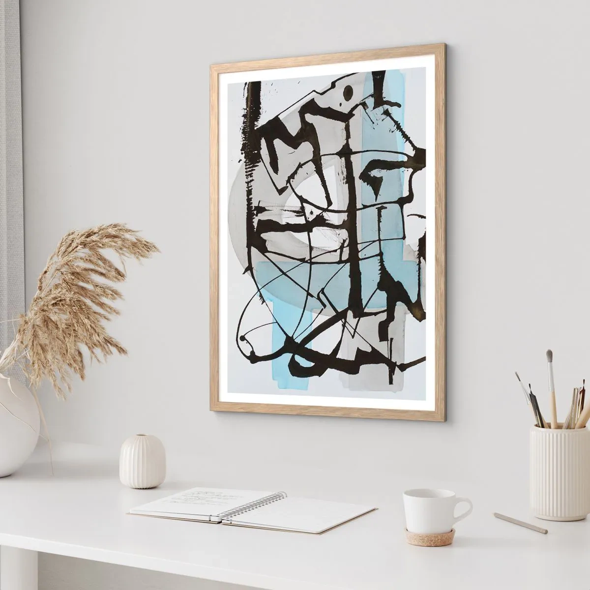 Plakat i ramme af lyst egetræ - Ikke desto mindre blå - 30x40 cm