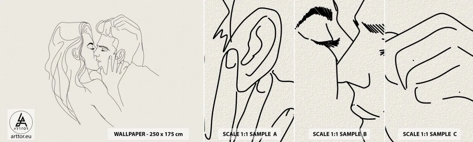 Fototapet Prøve Standard Eco - Forviklet i følelser - Grafik, Forelsket par, Kys - 100x30 cm