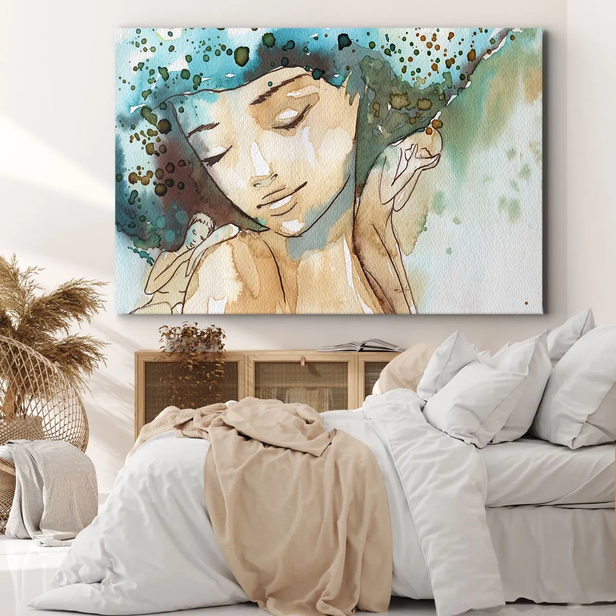 Lærredstryk - Billede på lærred - Portræt af en kvinde i sarte akvarelfarver - 70x50cm - Lady in blue - Moderne vægdekoration til stue og soveværelse ARTTOR
