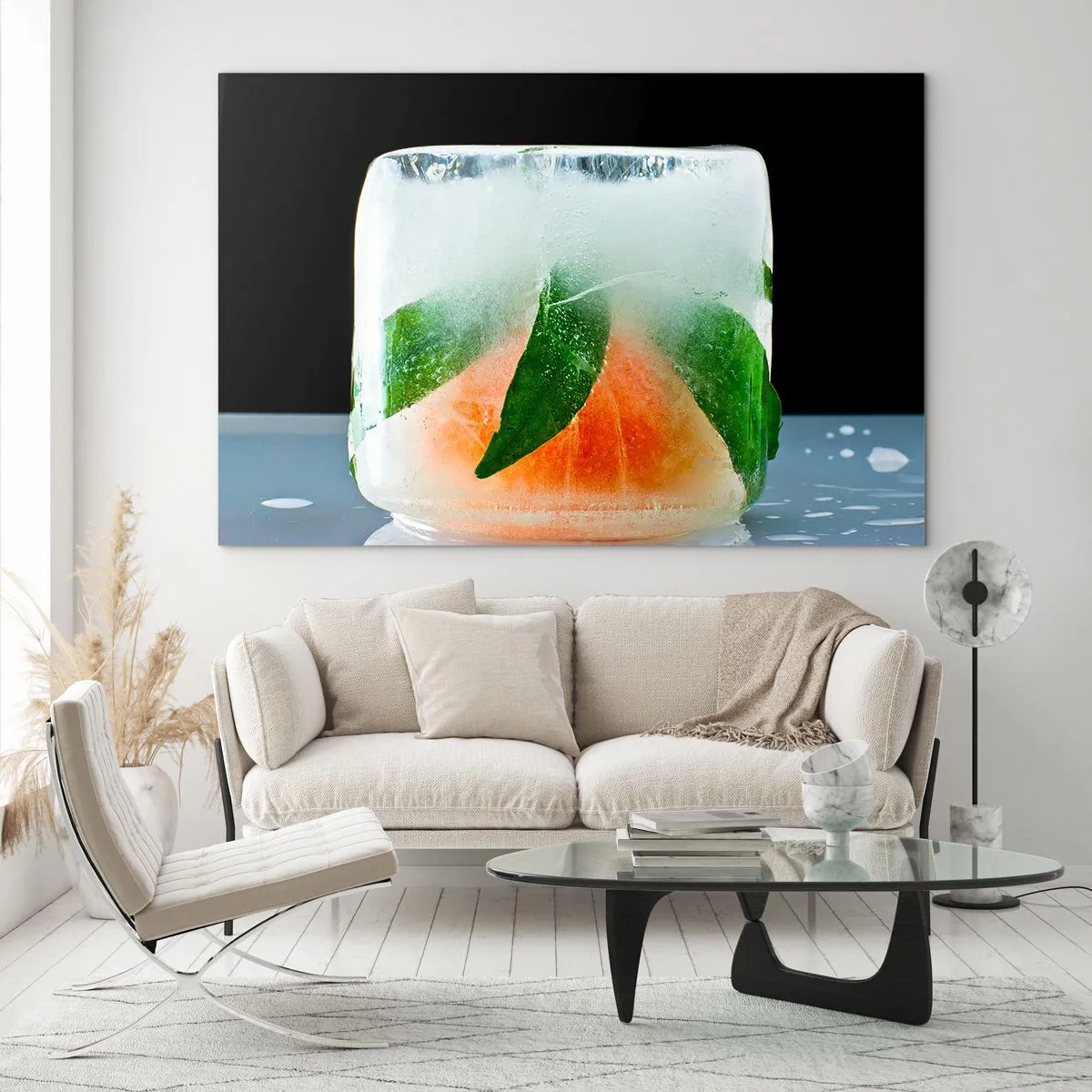 Billede på glas - Frugt og blade frosset i klar is - 70x50cm - Frisk og kølig - Moderne vægdekoration til stue og soveværelse ARTTOR