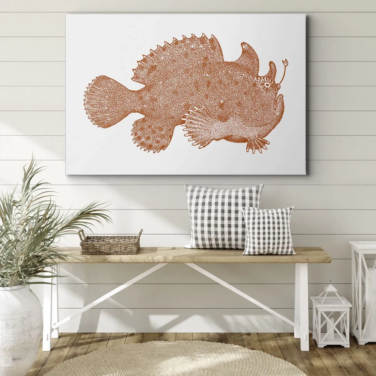 Lærredstryk - Billede på lærred - Detaljeret tegning af en kobberfarvet fisk på en hvid baggrund - 70x50cm - Og dog en fisk - Moderne vægdekoration til stue og soveværelse ARTTOR
