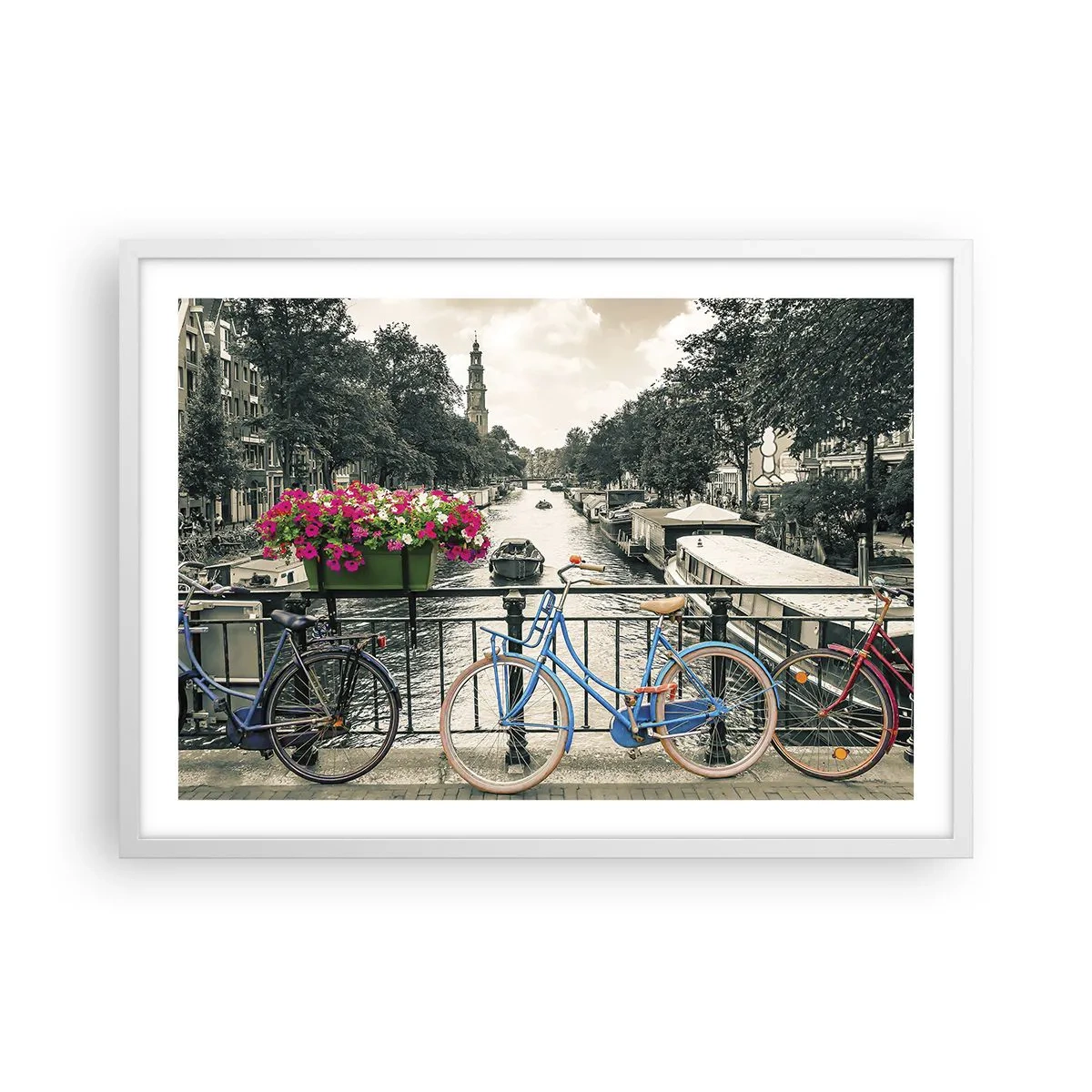 Plakat i hvid ramme - Farverne i Amsterdams gader - 70x50 cm