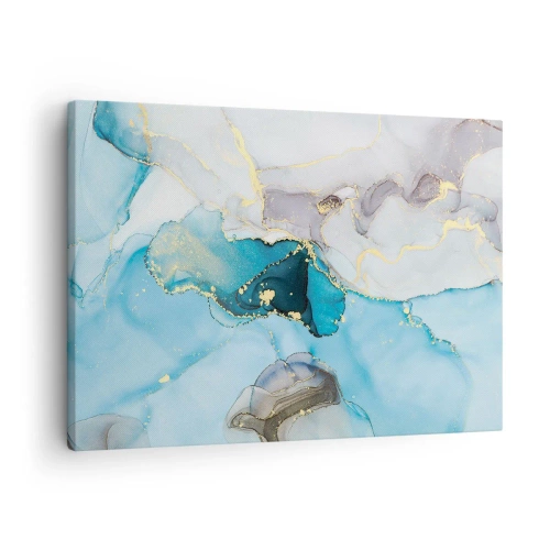 Lærredstryk - Billede på lærred - Abstraktion i nuancer af blå og guld med diskrete linjer - 70x50cm - En undersøgelse af mødet mellem grå og turkis - Moderne vægdekoration til stue og soveværelse ARTTOR