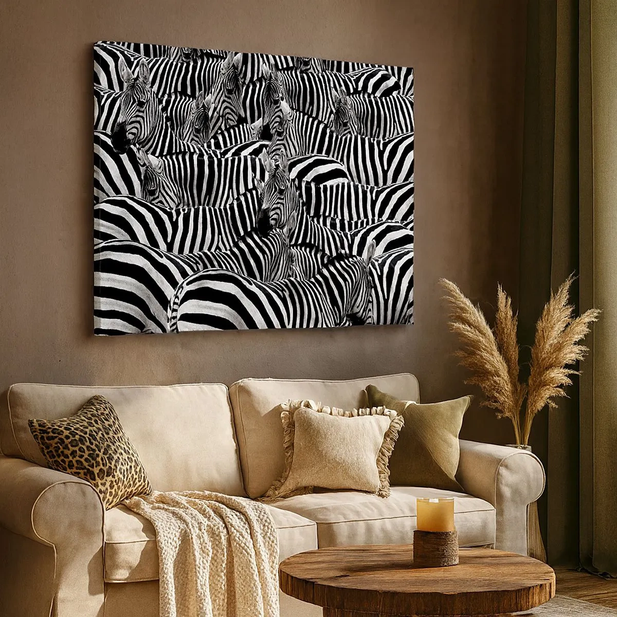 Lærredstryk - Billede på lærred - En gruppe zebraer med sorte og hvide striber, der skaber et symmetrisk mønster. - 70x50cm - Stribet gruppeportræt - Moderne vægdekoration til stue og soveværelse ARTTOR
