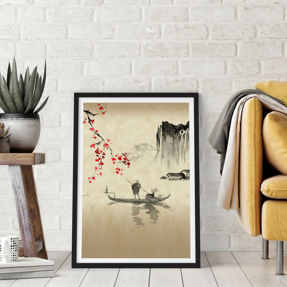 Plakat i sort ramme - Orientalsk scene med fiskere på en båd - 50x70cm - I kirsebærblomsternes land - Moderne vægdekoration til stue og soveværelse ARTTOR