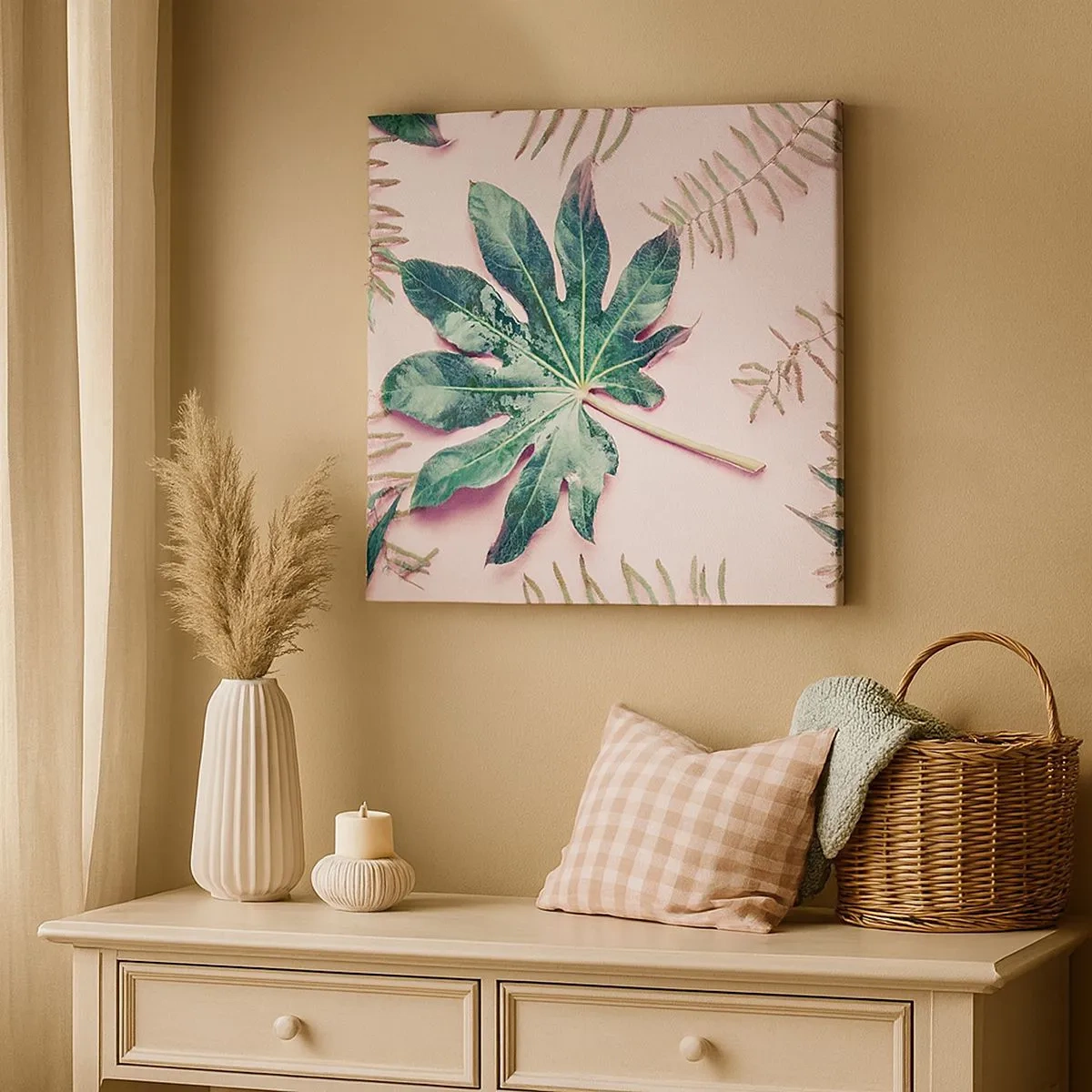 Lærredstryk - Billede på lærred - En undersøgelse af grønt på en lyserød baggrund - 30x30 cm