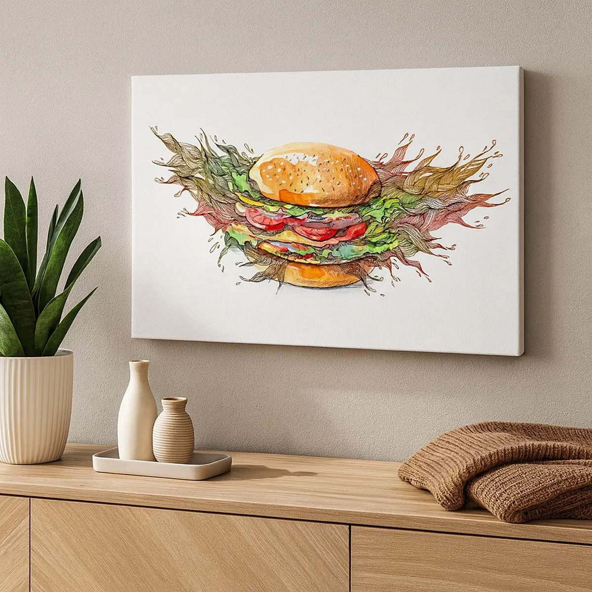 Lærredstryk - Billede på lærred - Kunstnerisk illustration af en burger med dynamiske elementer - 70x50cm - Varm fristelse - Moderne vægdekoration til stue og soveværelse ARTTOR