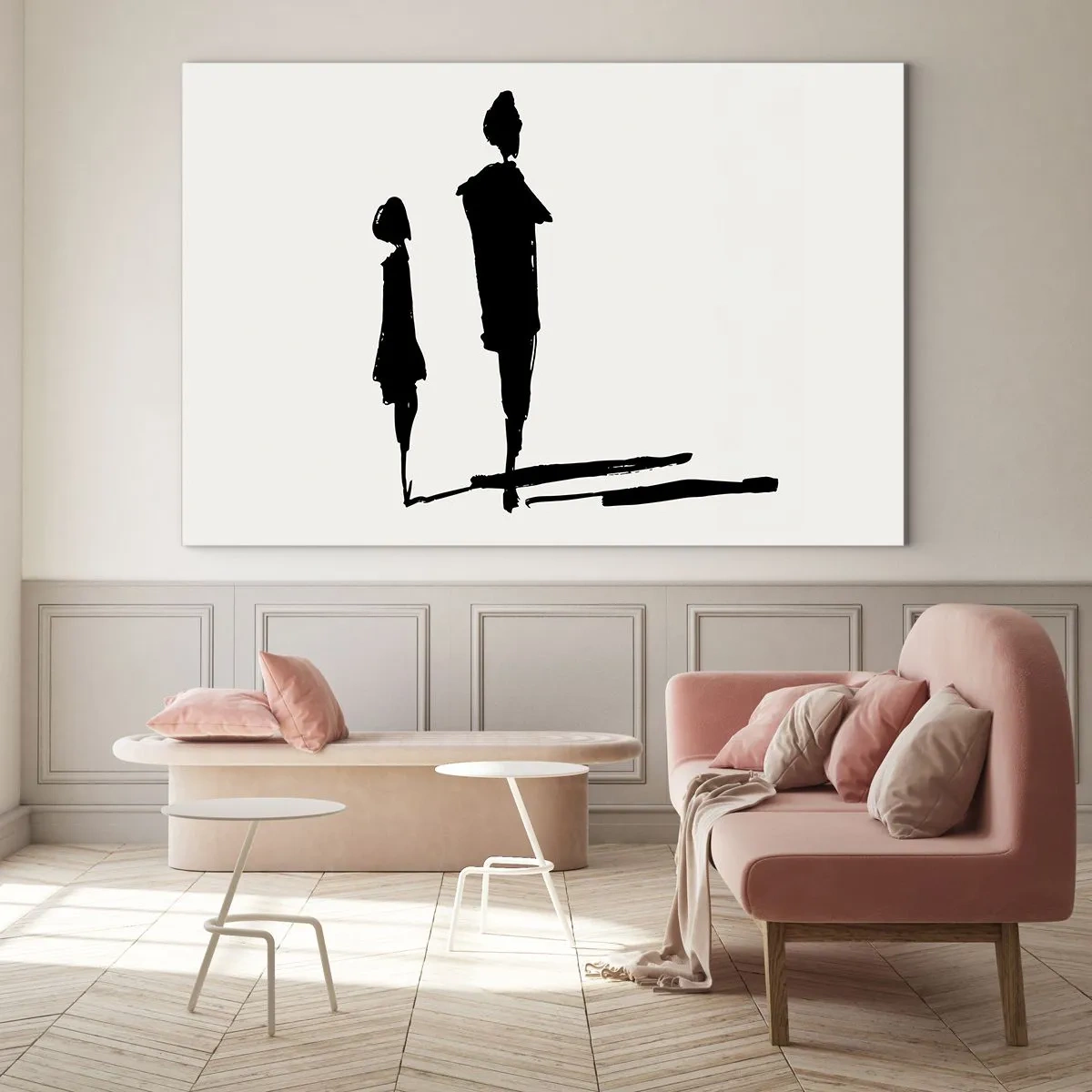 Billede på glas - Sorte silhuetter af to figurer med skygger på en lys baggrund - 70x50cm - Sikkert sammen? - Moderne vægdekoration til stue og soveværelse ARTTOR