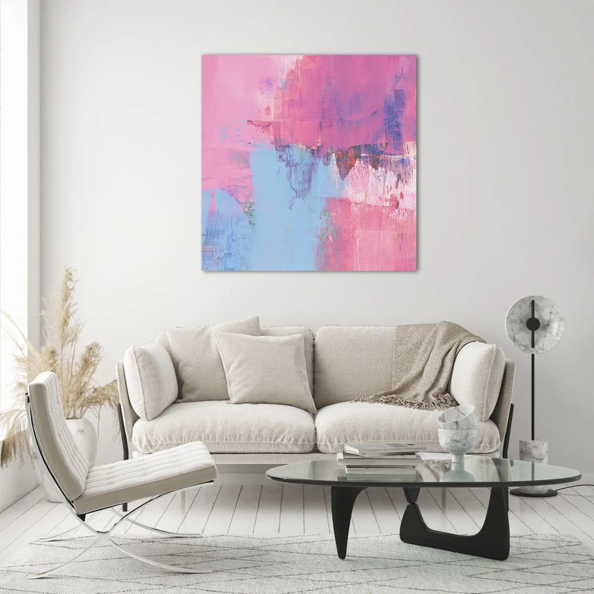 Billede på glas - Lyserød, blå og en knivspids lys - 60x60 cm