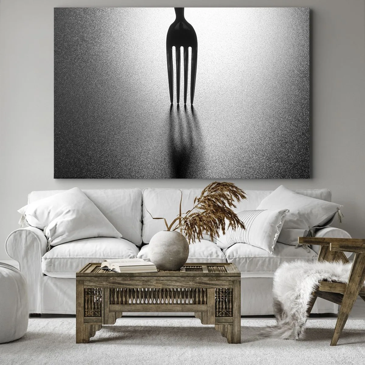 Lærredstryk - Billede på lærred - En minimalistisk version af en gaffel i sort-hvid med skyggespil. - 70x50cm - Lys og skygge - Moderne vægdekoration til stue og soveværelse ARTTOR