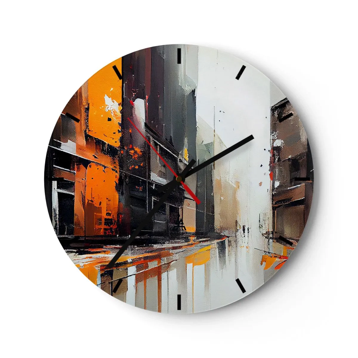 Vægur, Uret - Abstrakt bygadescene med orange lys og regn - 30x30cm - Regnfuld dag - Moderne vægdekoration til stue, køkken og soveværelse ARTTOR