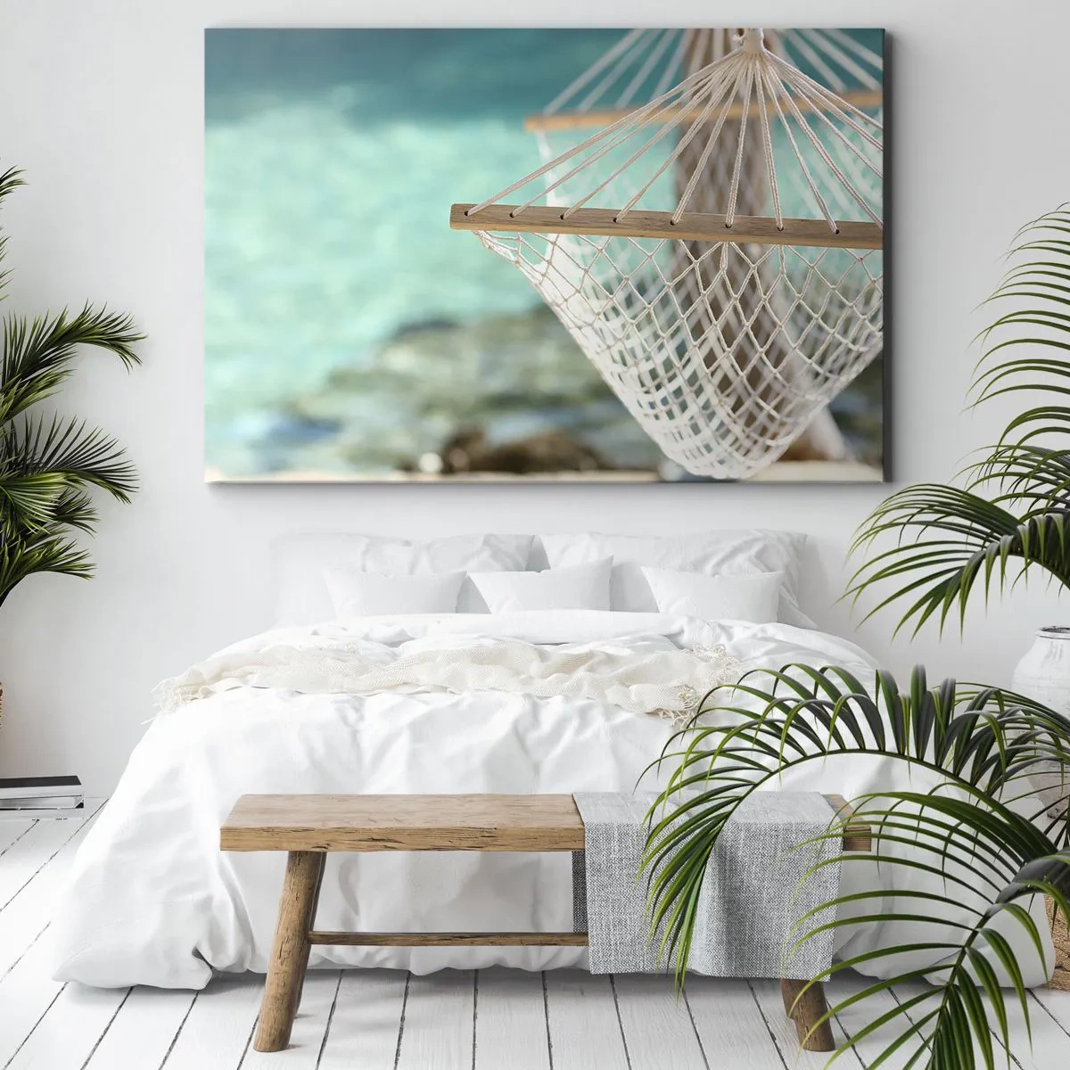 Lærredstryk - Billede på lærred - En hængekøje med udsigt over det turkisblå vand - 70x50cm - Tid til afslapning - Moderne vægdekoration til stue og soveværelse ARTTOR