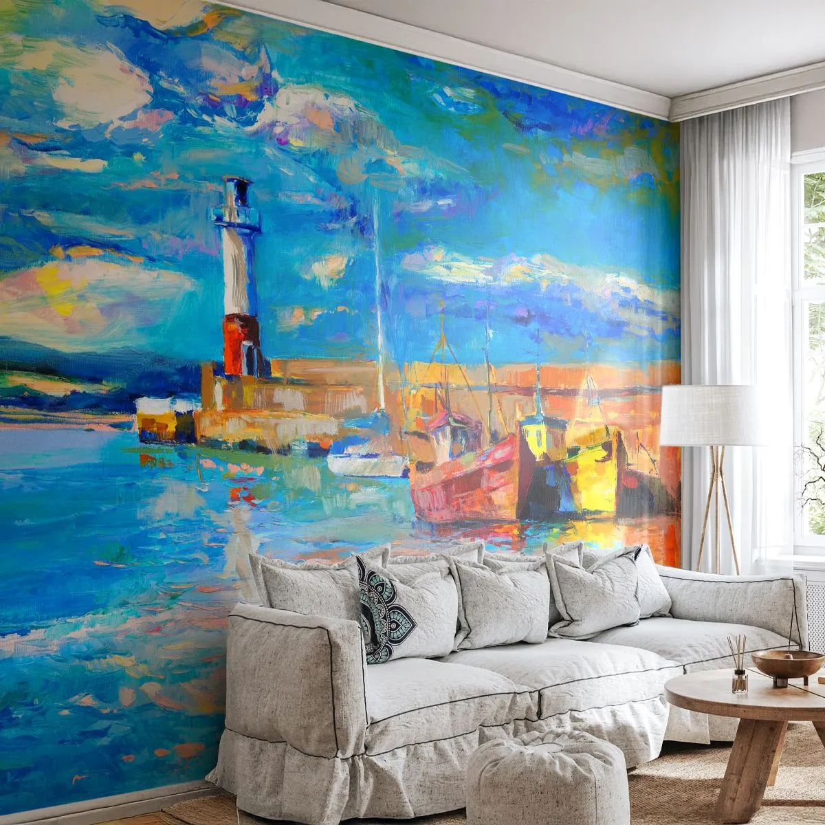 Fototapet Standard Eco - Eftermiddag i regnbuebugten - Fiskerhavn, Fiskebåd, Fyrtårn - 200x140 cm