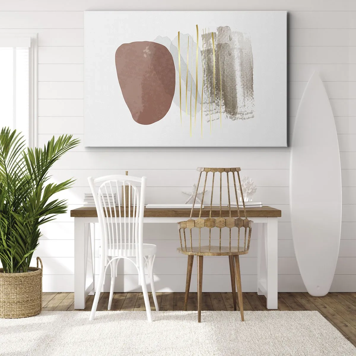Lærredstryk - Billede på lærred - Abstrakt komposition i beige og guld nuancer - 70x50cm - Abstrakt kolonnade - Moderne vægdekoration til stue og soveværelse ARTTOR