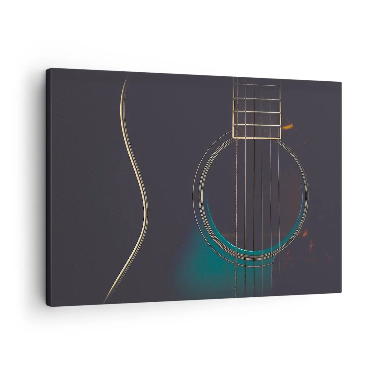 Lærredstryk - Billede på lærred - Akustisk guitar i mørkt, elegant lys - 70x50cm - Et øjeblik før det lyder - Moderne vægdekoration til stue og soveværelse ARTTOR