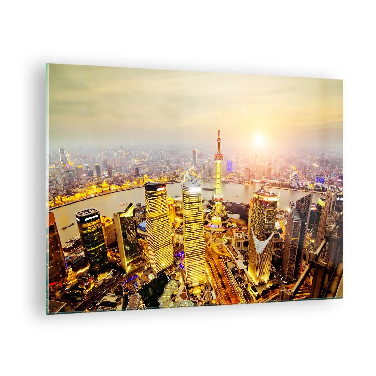 Billede på glas - Panorama over byen ved solnedgang med skyskrabere - 70x50cm - Den asiatiske drøm - Moderne vægdekoration til stue og soveværelse ARTTOR