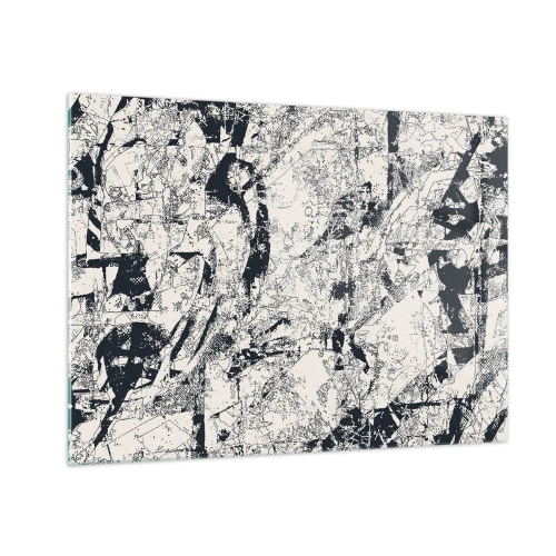 Billede på glas - Sort-hvid abstraktion med dynamiske linjer og teksturer - 70x50cm - Modsætningernes gennemtrængning - Moderne vægdekoration til stue og soveværelse ARTTOR