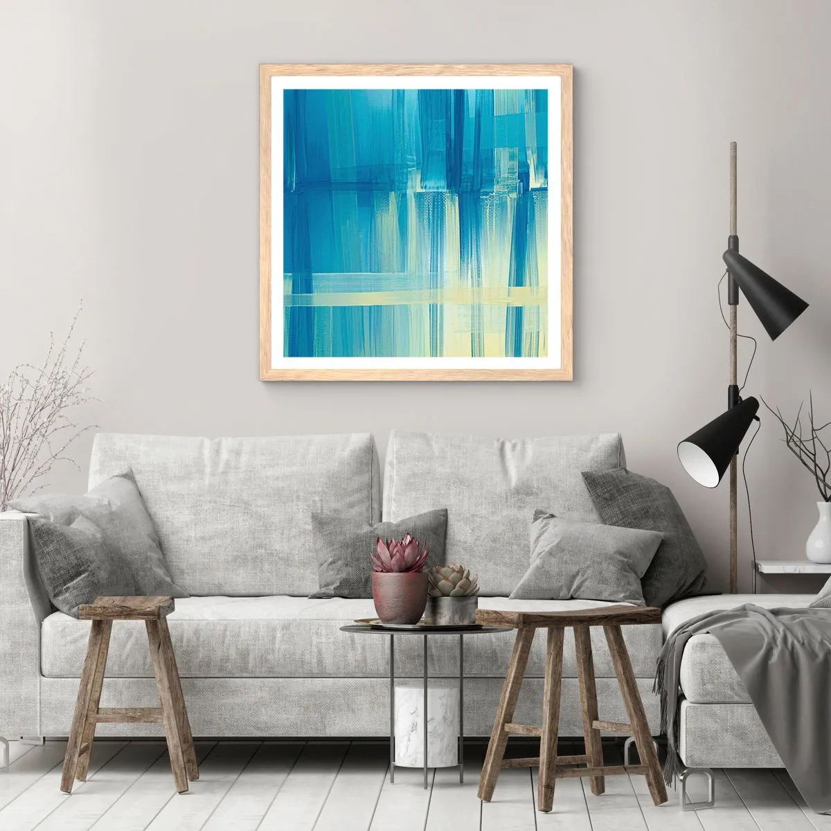 Plakat i ramme af lyst egetræ - Komposition i turkis - 30x30 cm