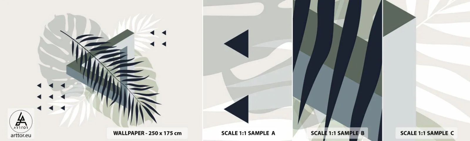 Fototapet Prøve Standard Eco - Natur og geometri - to ordener? - Monstera Leaf, Palmeblad, Grafik - 100x30 cm