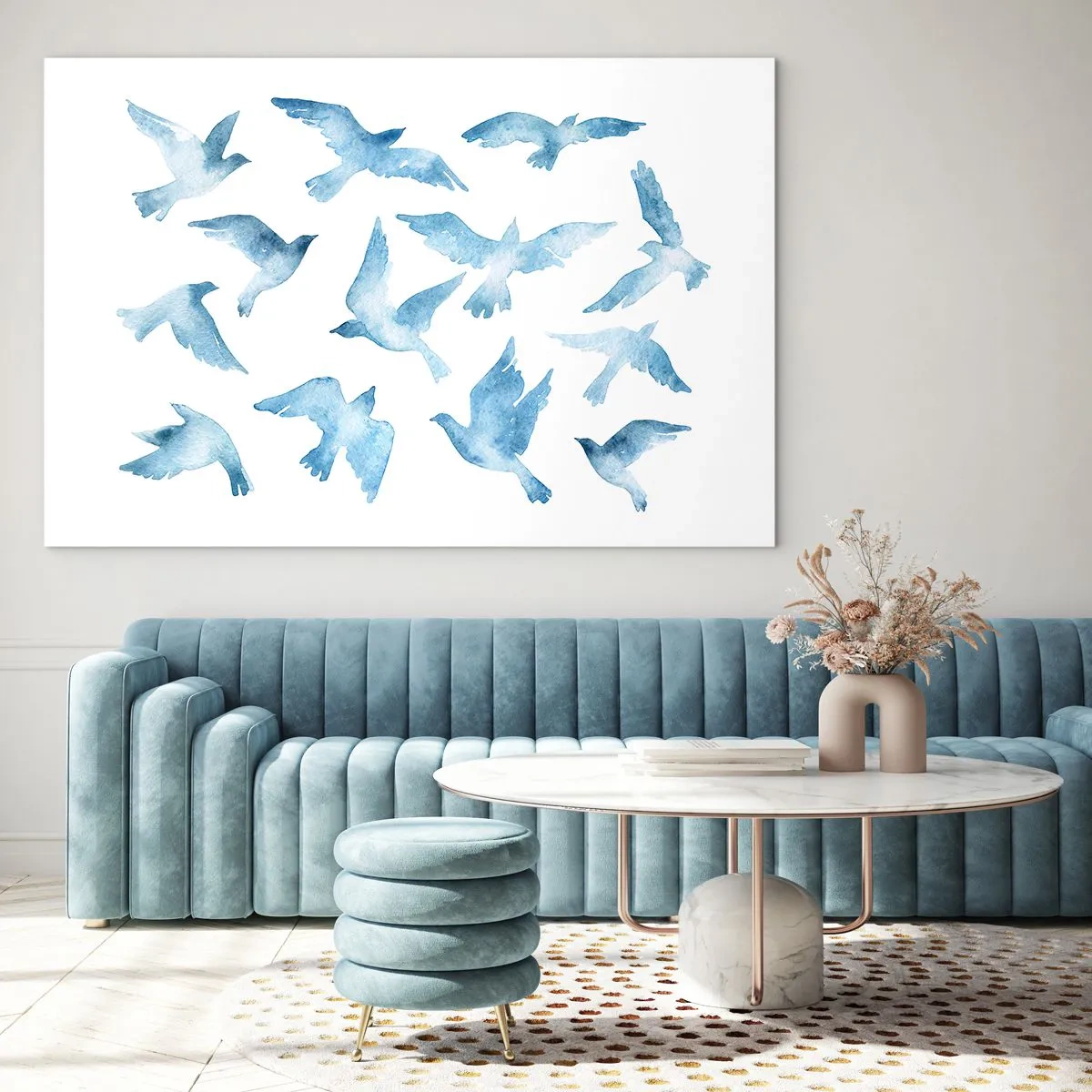 Billede på glas - Illustration af blå fugle på en hvid baggrund - 70x50cm - Blåfugle - Moderne vægdekoration til stue og soveværelse ARTTOR