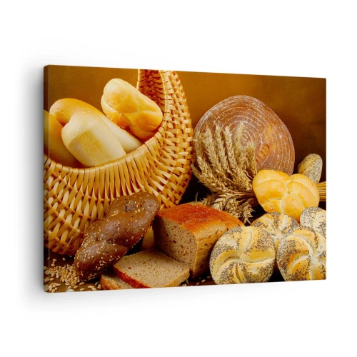 Lærredstryk - Billede på lærred - Forskellige brød i en flettet kurv på en gylden baggrund - 70x50cm - Vi slap væk igen - Moderne vægdekoration til stue og soveværelse ARTTOR