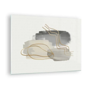 Billede på glas - Abstraktion med grå pletter og guldlinjer på en lys baggrund - 70x50cm - Vedholdenhed og bevægelse - Moderne vægdekoration til stue og soveværelse ARTTOR