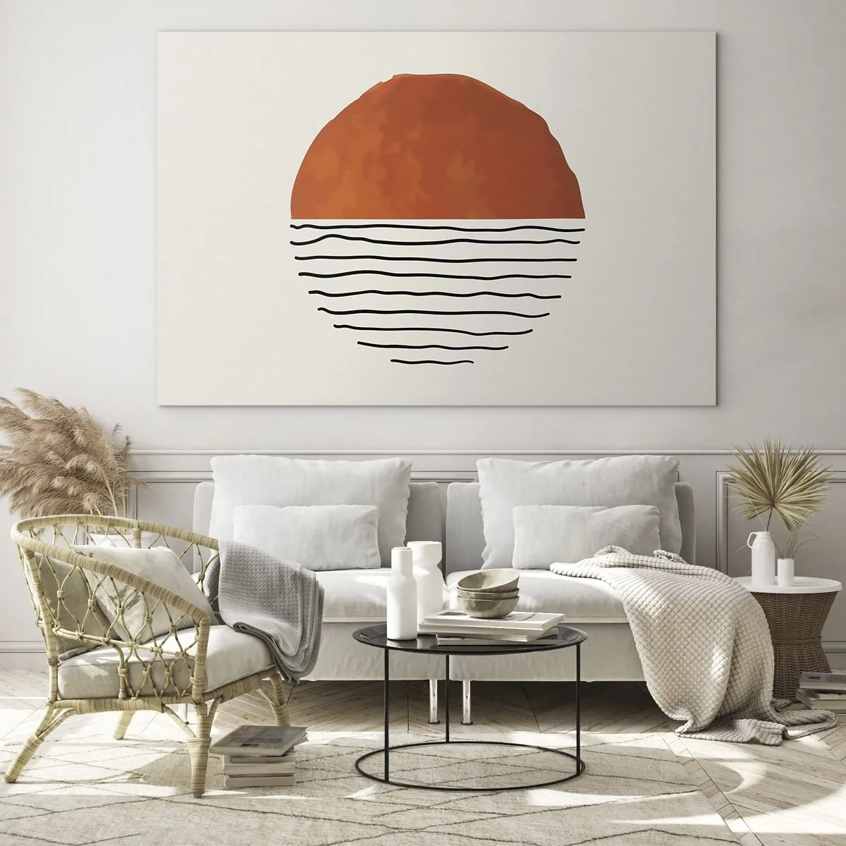 Billede på glas - Minimalistisk sol over bølgelinjen - 70x50cm - I en japansk atmosfære - Moderne vægdekoration til stue og soveværelse ARTTOR