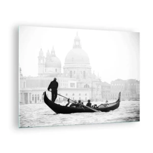 Billede på glas - En sort-hvid gondol med Venedig som baggrund - 70x50cm - En rejse til skønhedens kilder - Moderne vægdekoration til stue og soveværelse ARTTOR