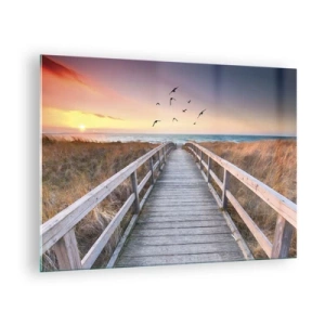 Billede på glas - En træbro over klitterne, der fører til stranden ved solnedgang - 70x50cm - Rummet med højder - Moderne vægdekoration til stue og soveværelse ARTTOR