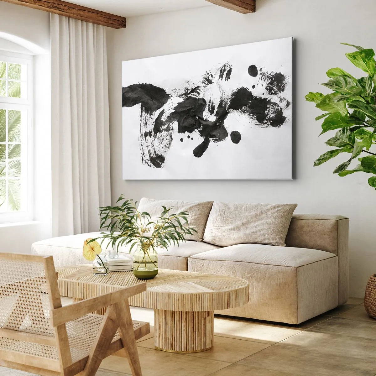 Lærredstryk - Billede på lærred - Abstrakt komposition af sorte pletter på en hvid baggrund - 70x50cm - En metode i galskaben? - Moderne vægdekoration til stue og soveværelse ARTTOR