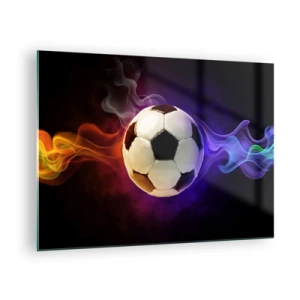 Billede på glas - En fodbold omgivet af farverige striber - 70x50cm - Spillets magiske kraft - Moderne vægdekoration til stue og soveværelse ARTTOR