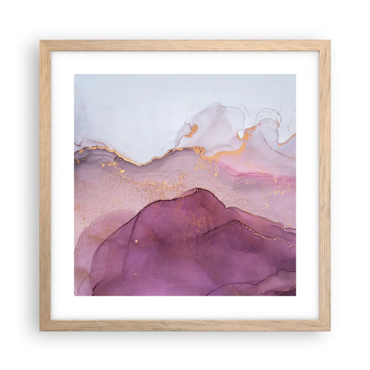 Plakat i ramme af lyst egetræ - Lilla og violette bølger - 40x40 cm