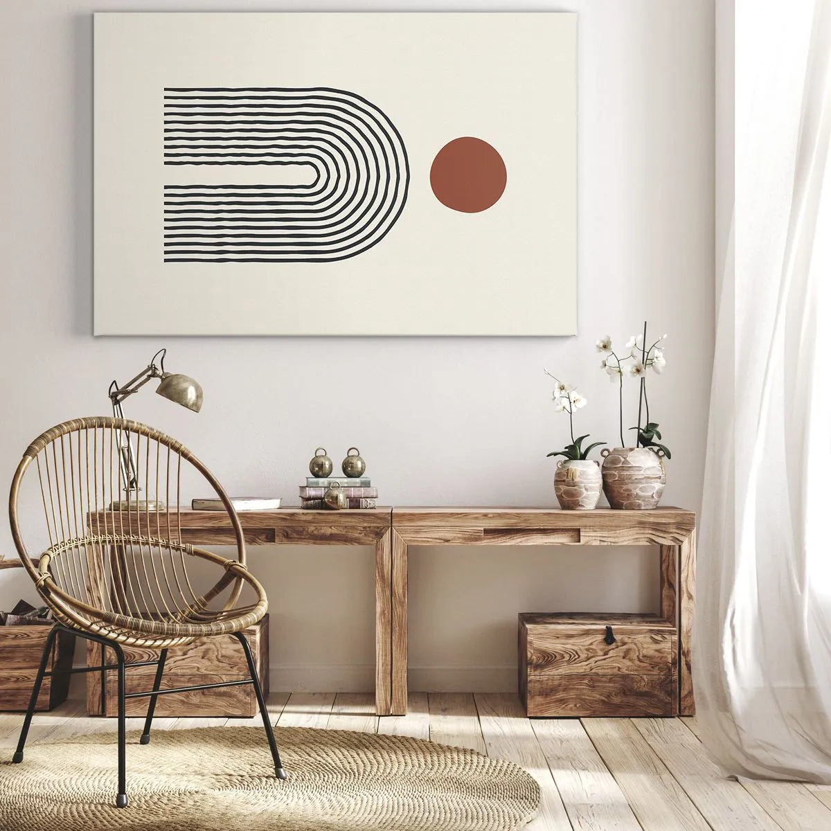 Lærredstryk - Billede på lærred - Moderne abstrakt mønster med linjer og en rød cirkel - 70x50cm - Magnetisme af former og farver - Moderne vægdekoration til stue og soveværelse ARTTOR