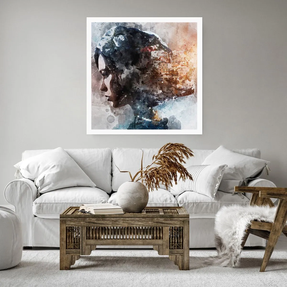 Plakat - Historien om en pige med en by i baggrunden - 40x40 cm