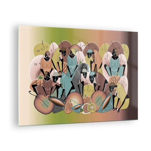 Billede på glas - En abstrakt illustration af figurer i nuancer af beige, grøn og lyserød. - 70x50cm - Den store fejring er på vej - Moderne vægdekoration til stue og soveværelse ARTTOR