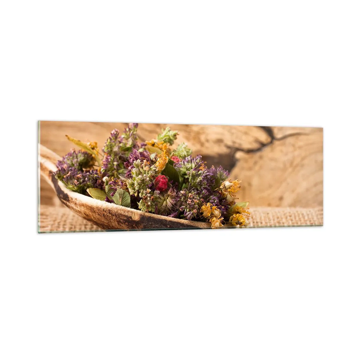 Billede på glas - Farverige blomster og velduftende urter - 90x30 cm