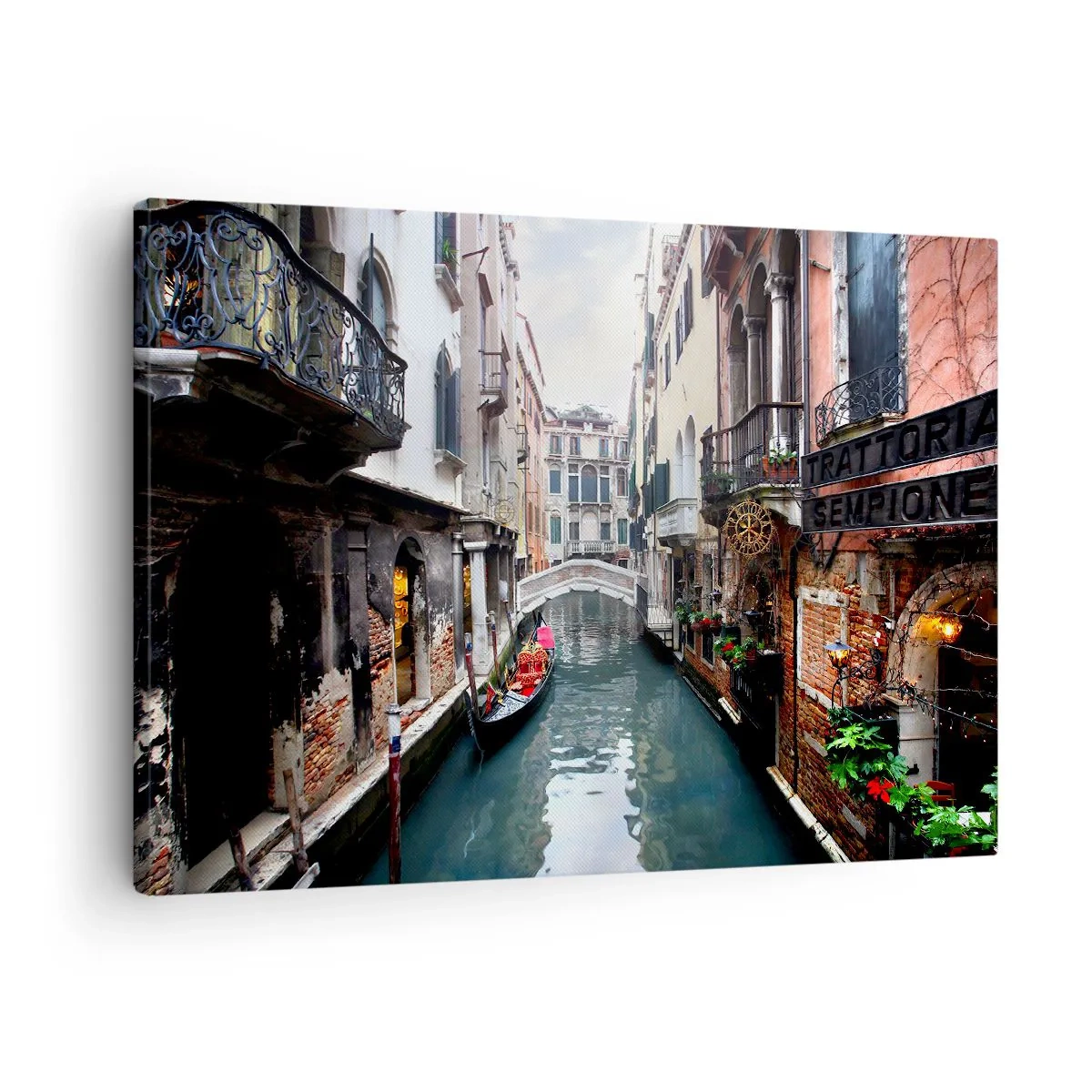 Lærredstryk - Billede på lærred - En kanal i Venedig med en gondol og historiske bygninger - 70x50cm - Venetiansk landskab med gondol og bro - Moderne vægdekoration til stue og soveværelse ARTTOR